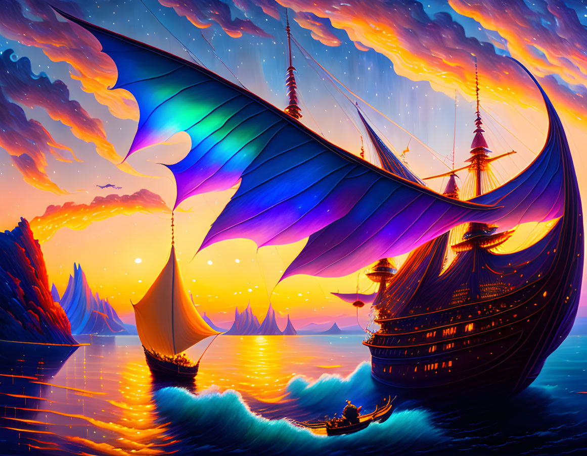 Large ornate ship with iridescent sails on glowing orange sea under dramatic sunset sky, with smaller