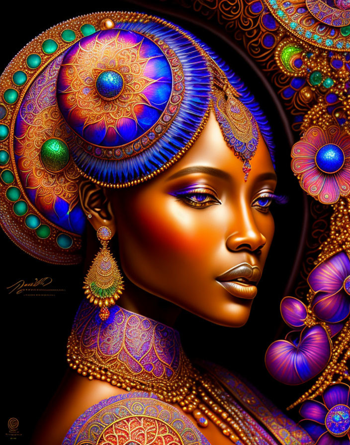 Detailed digital artwork of woman in ornate headdress and earrings against floral background