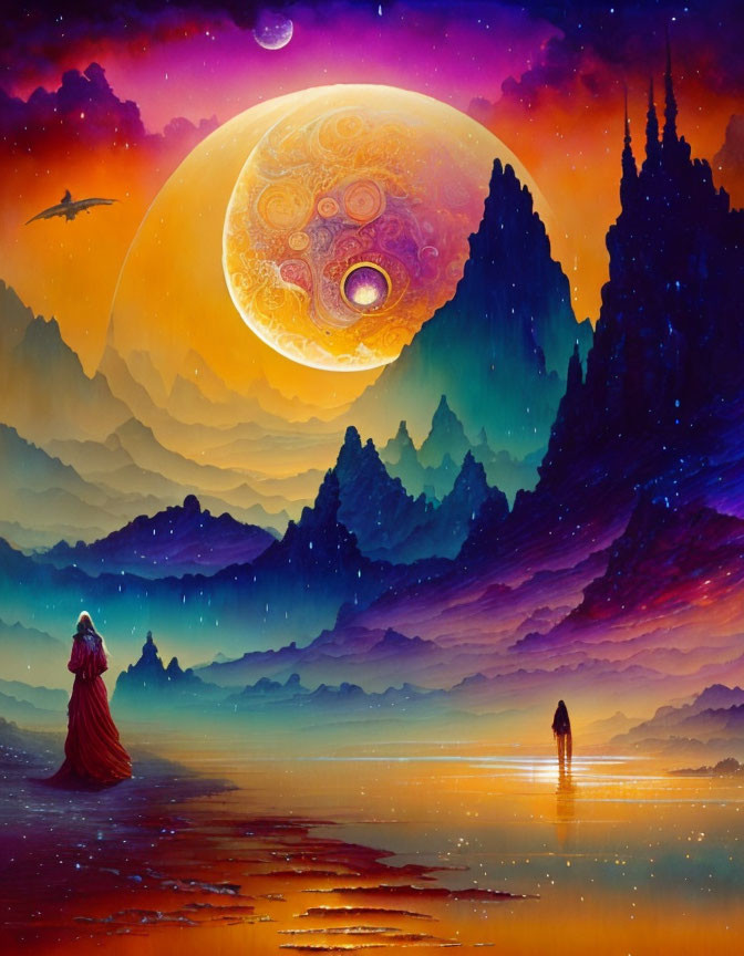 Colorful fantasy landscape with moon, mountains, figure in red cloak, reflection on water.