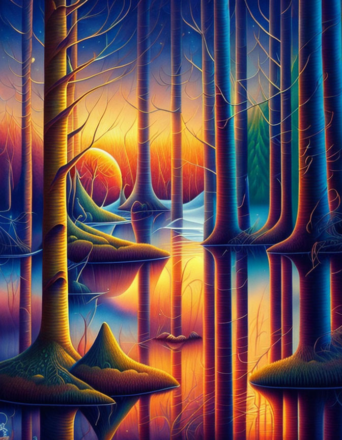 Fantasy forest with towering trees and glowing background