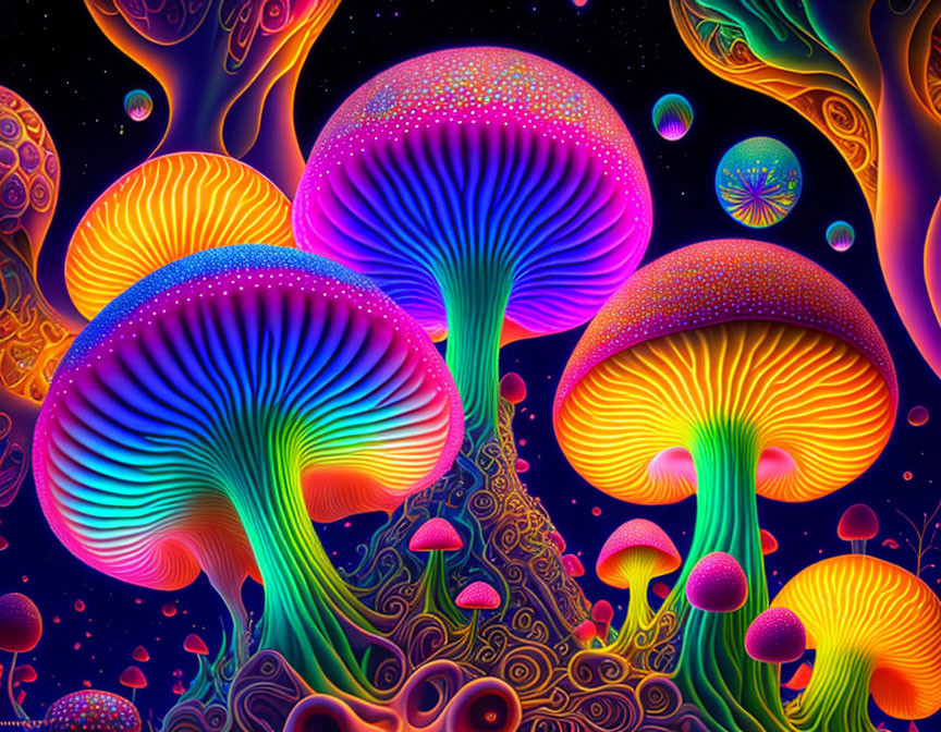 Colorful Bioluminescent Mushroom Artwork with Swirling Patterns