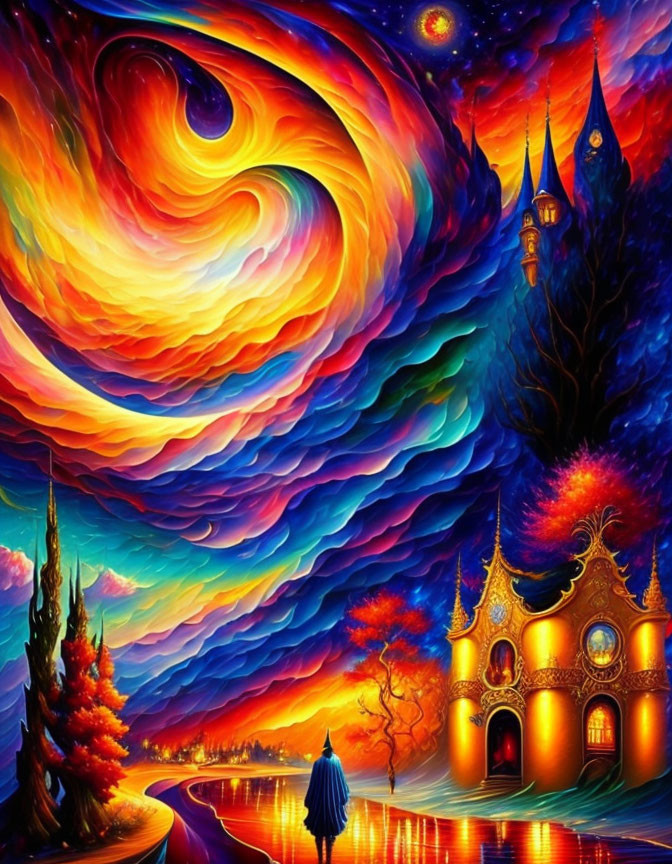 Fantastical painting: Swirling sky, person walking to castles, cosmic backdrop