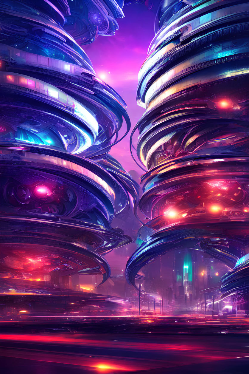 Neon-lit futuristic cityscape with spiraling skyscrapers