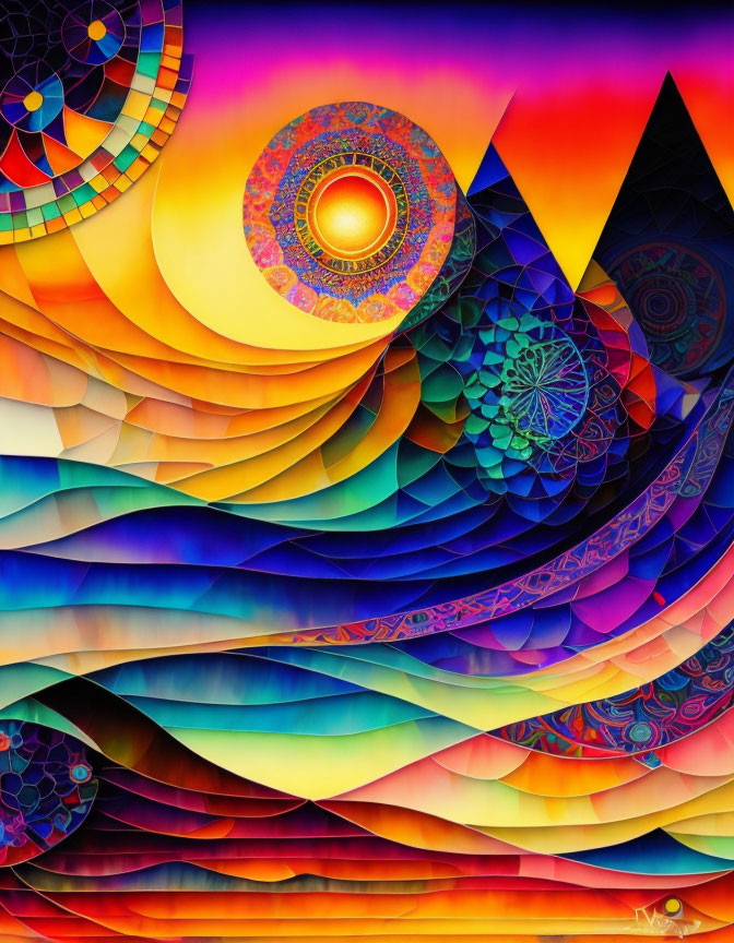 Colorful Abstract Art: Layered Waves, Geometric Mandalas, Warm to Cool Spectrum