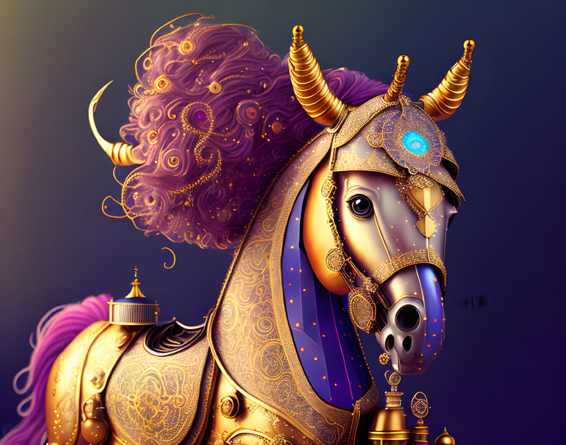 Armored Horse with Golden Details and Third Eye Design on Dark Background