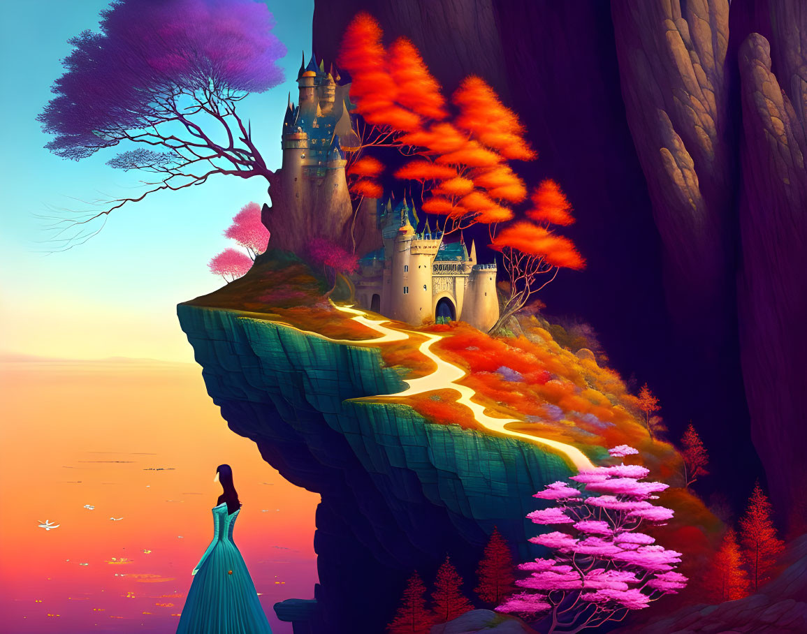 Woman in Blue Dress Admiring Castle on Cliff with Colorful Trees