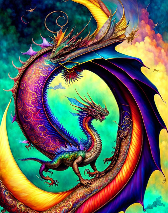 Colorful Dragon with Intricate Patterns Coiled Against Cloudy Backdrop