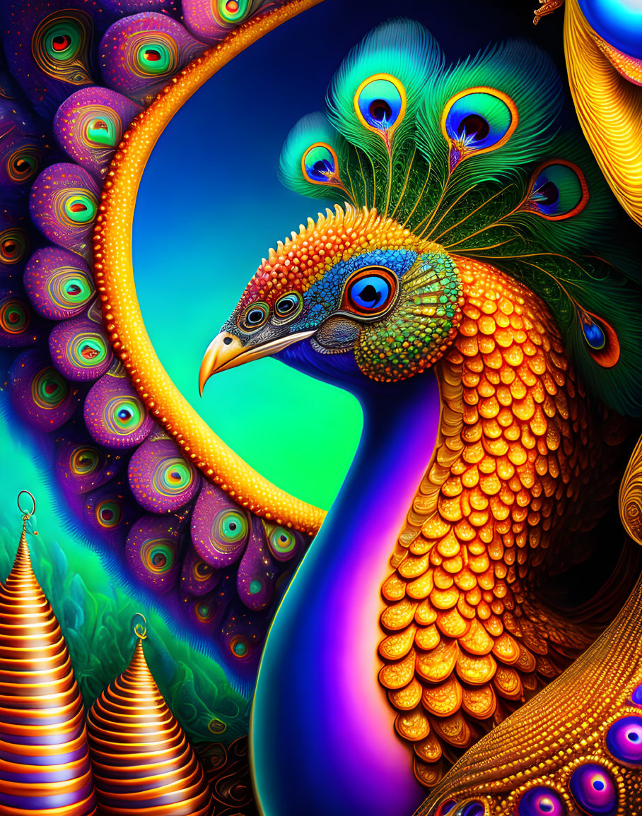 Colorful Peacock Artwork with Golden Hues on Blue Background