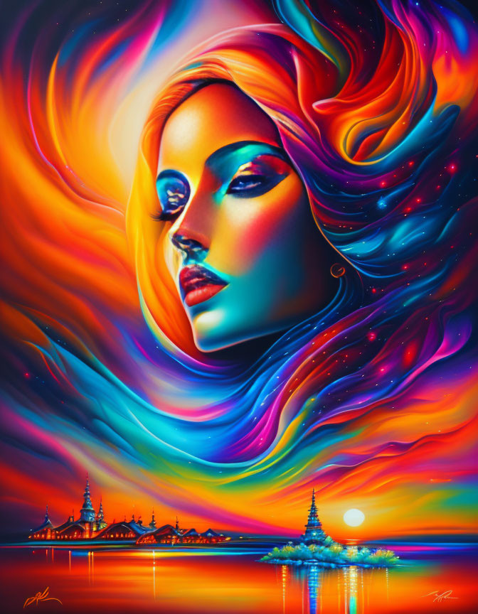 Colorful surreal portrait of a woman with flowing fiery hair by a reflective sunset.