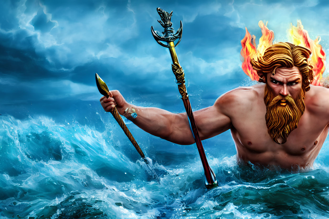 Fiery-haired man with trident in stormy ocean scene