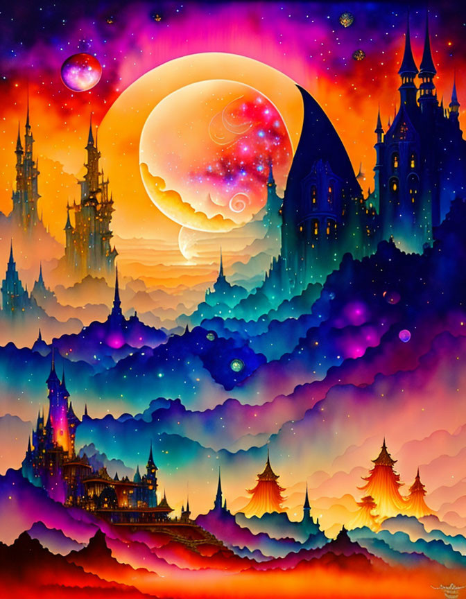 Majestic castles in colorful fantasy artwork