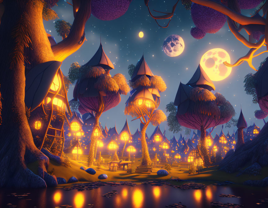 Night Landscape with Whimsical Treetop Houses and Two Moons