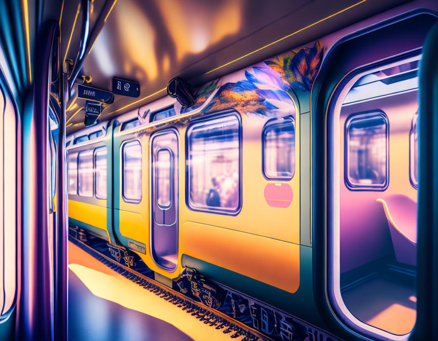 Vibrant interior of modern train with colorful lights and reflections