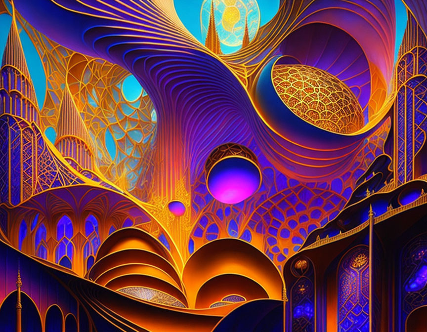 Psychedelic digital artwork with gothic architecture in neon landscape