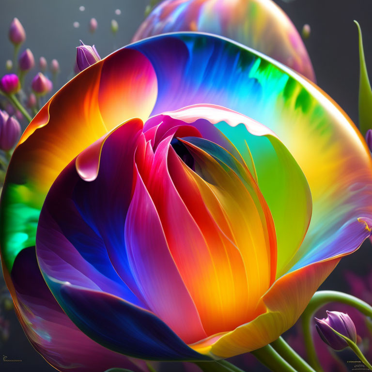 Colorful digital artwork: Rose with red to blue spectrum petals, droplets, buds on dark backdrop