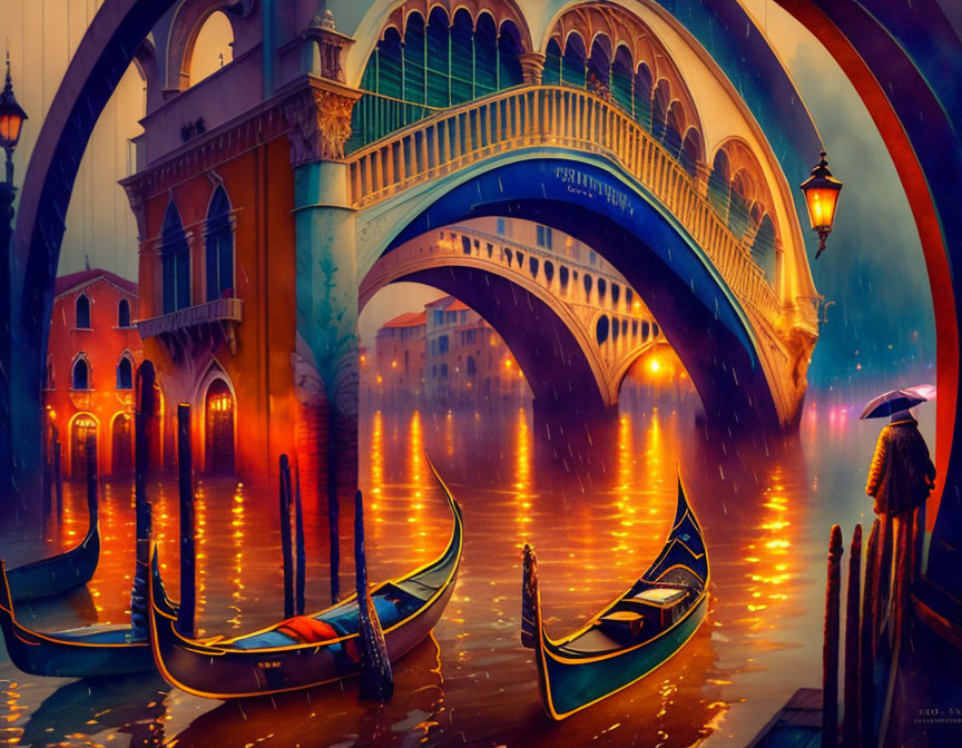 Colorful Rialto Bridge and Gondolas in Venice at Dusk