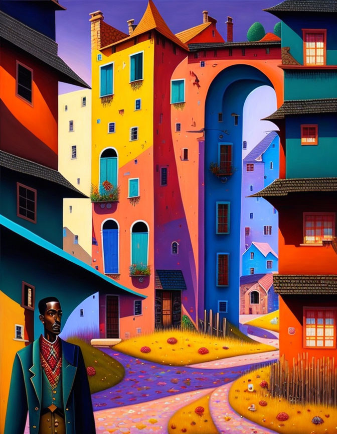 Colorful Painting of Whimsical Town with Sharp-Dressed Man