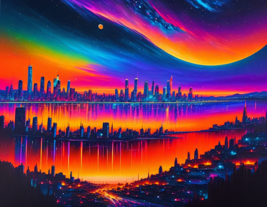 City skyline reflection under neon sky with crescent moon