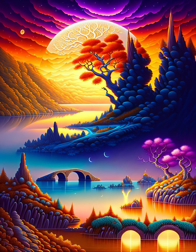 Colorful fantasy landscape with moon, bridges, purple trees, orange mountains, and starry sky