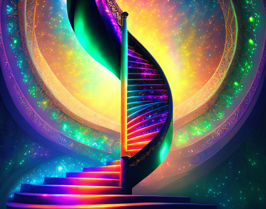 Colorful Spiral Staircase Artwork with Cosmic Space and Ornate Patterns