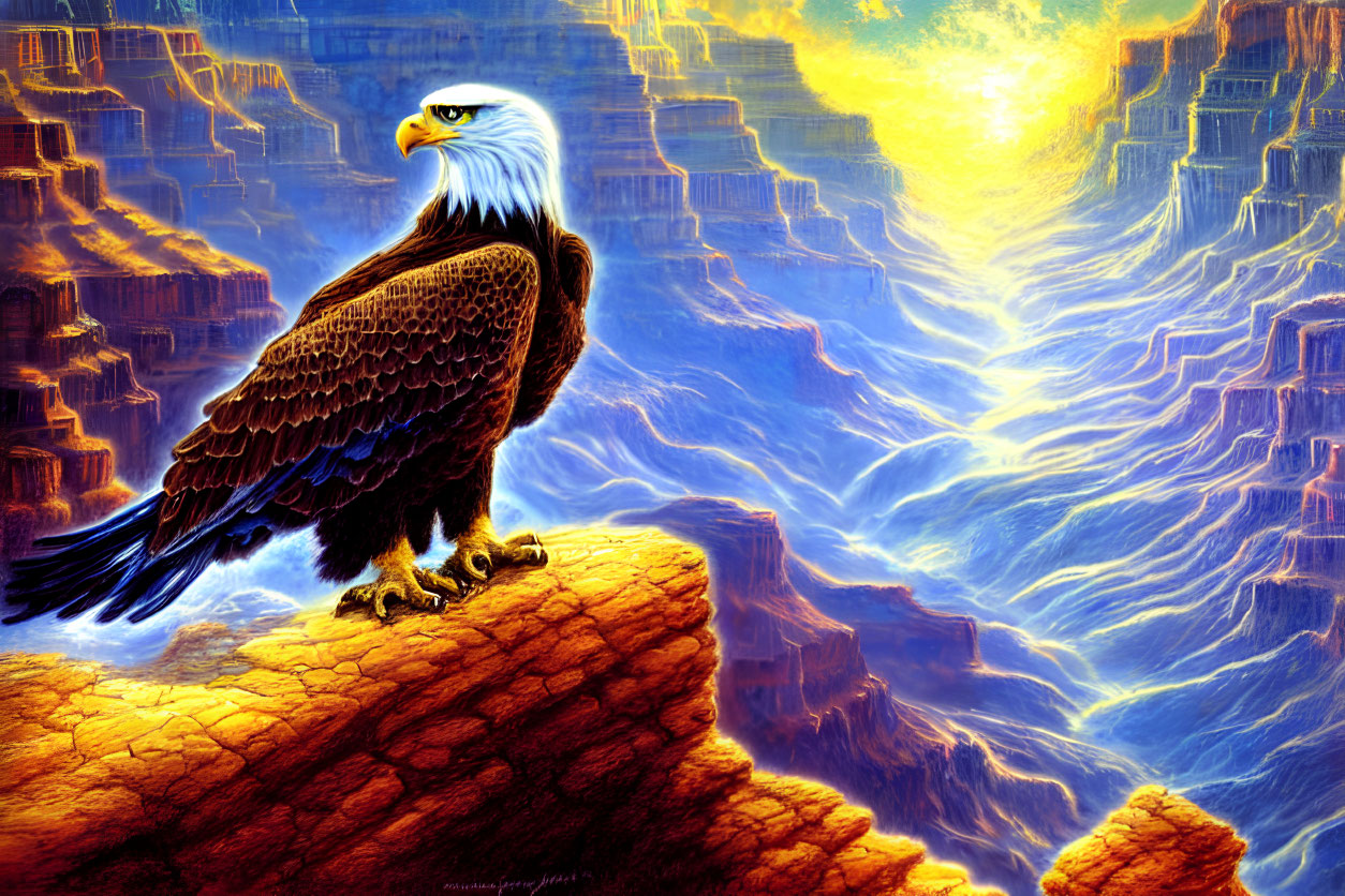 Majestic eagle on cliff with blue and orange canyon vistas