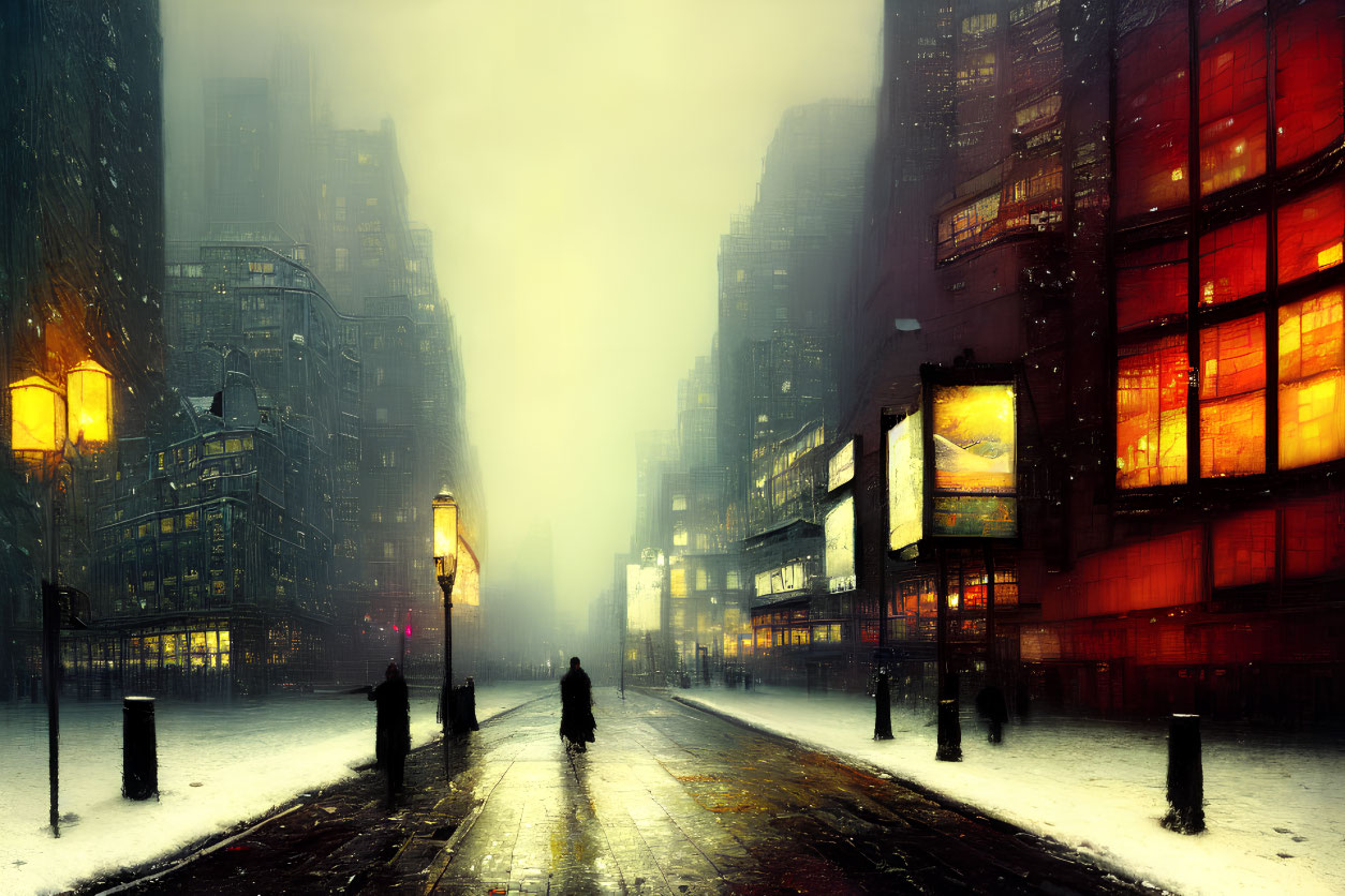 Snow-dusted street with glowing lamps and towering buildings in misty twilight