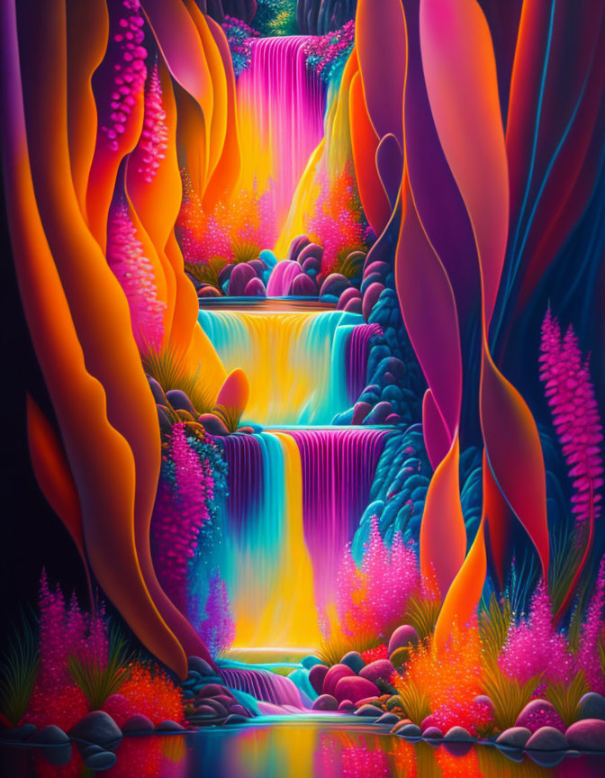 Neon-lit cascading waterfall in fantastical landscape