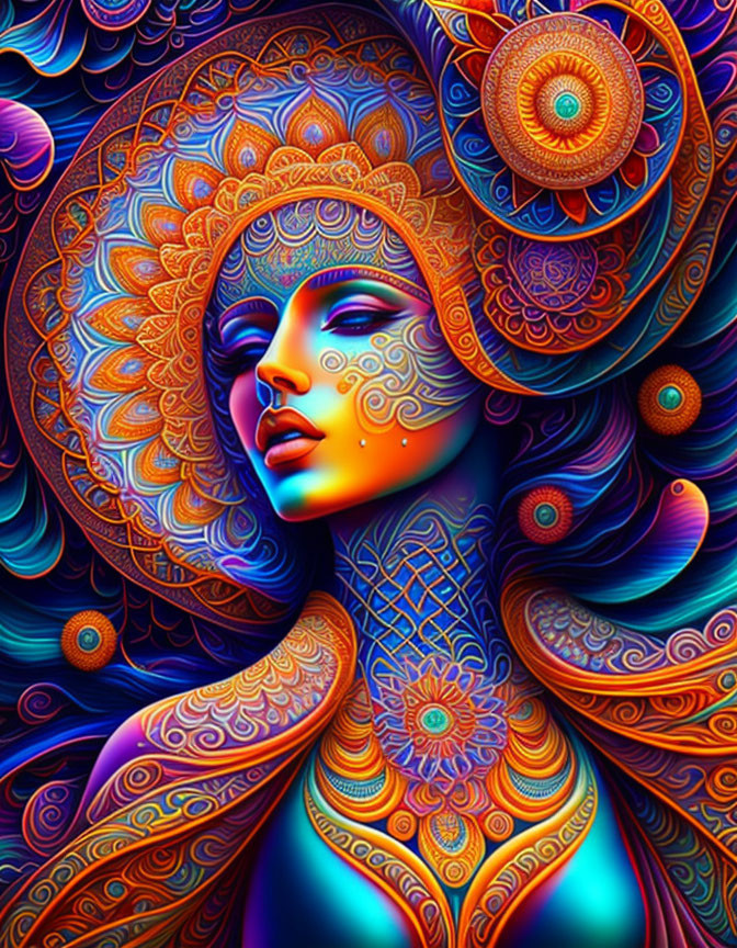 Colorful digital artwork featuring a woman with intricate patterns and mandalas in blue, orange, and