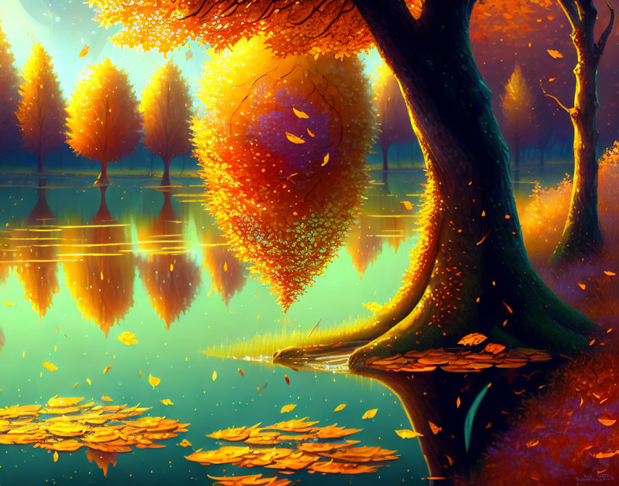 Ethereal autumn landscape with vibrant trees, calm lake, golden leaves, and swirling formation.