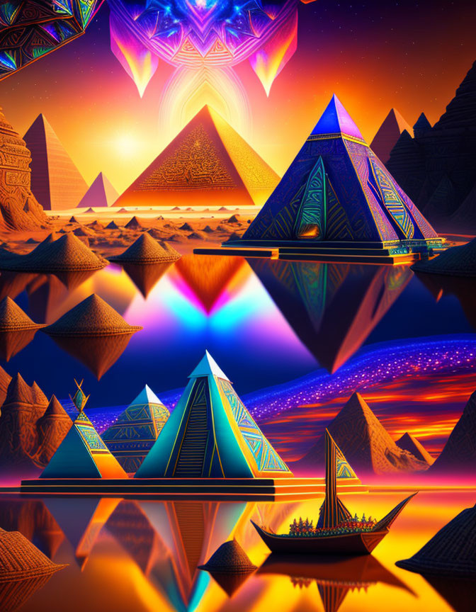 Colorful digital art: Surreal Egyptian scene with glowing pyramids, reflective water, starlit sky