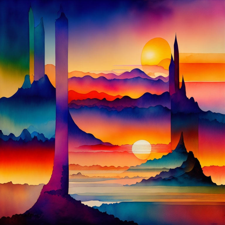 Colorful sunset landscape with layered mountains and reflective waters