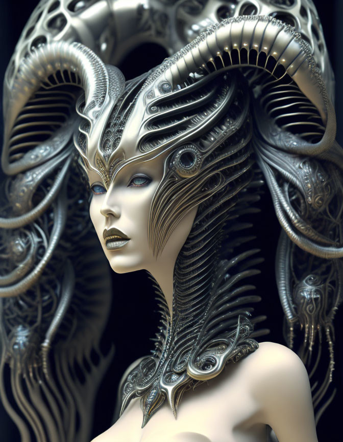 Detailed Digital Artwork: Humanoid Figure with Ornate Metallic Headgear