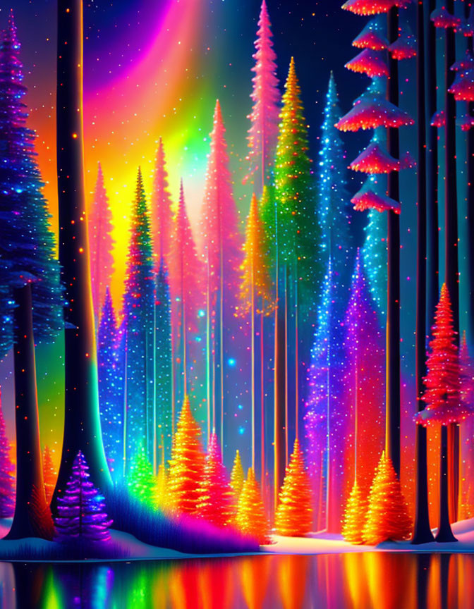 Colorful Neon-Like Forest Under Aurora Borealis Sky