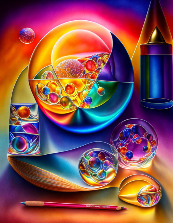 Colorful abstract art with swirling colors, galaxy patterns, reflective surfaces, and drawing tools