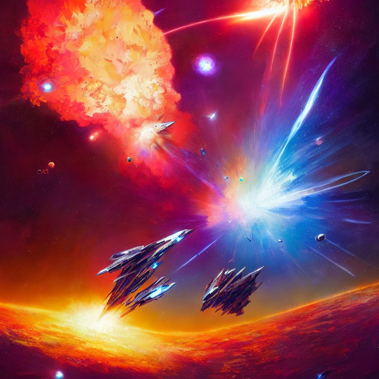 Intense cosmic battle with exploding stars and lasers.