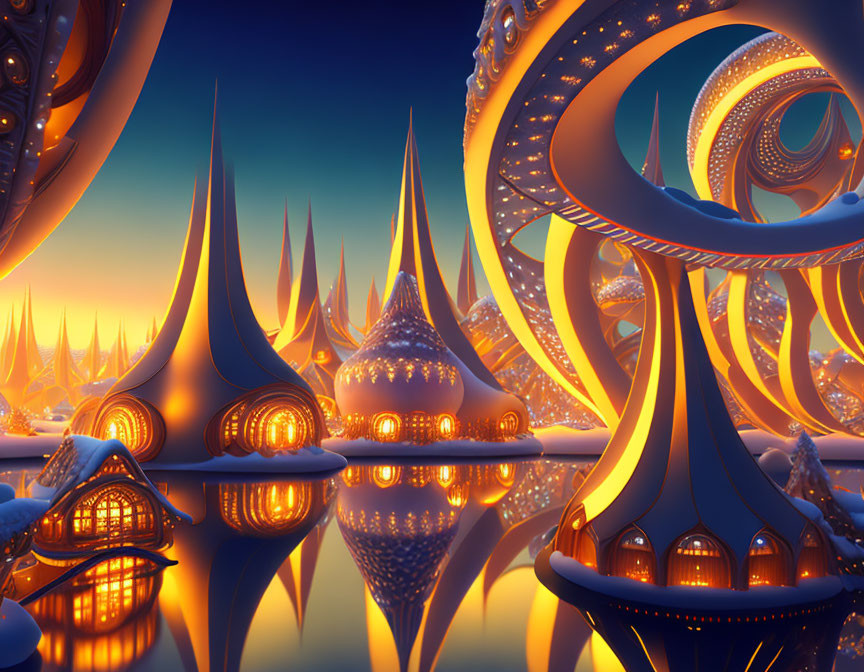 Fantastical digital art: Glowing golden spires on mirrored surface