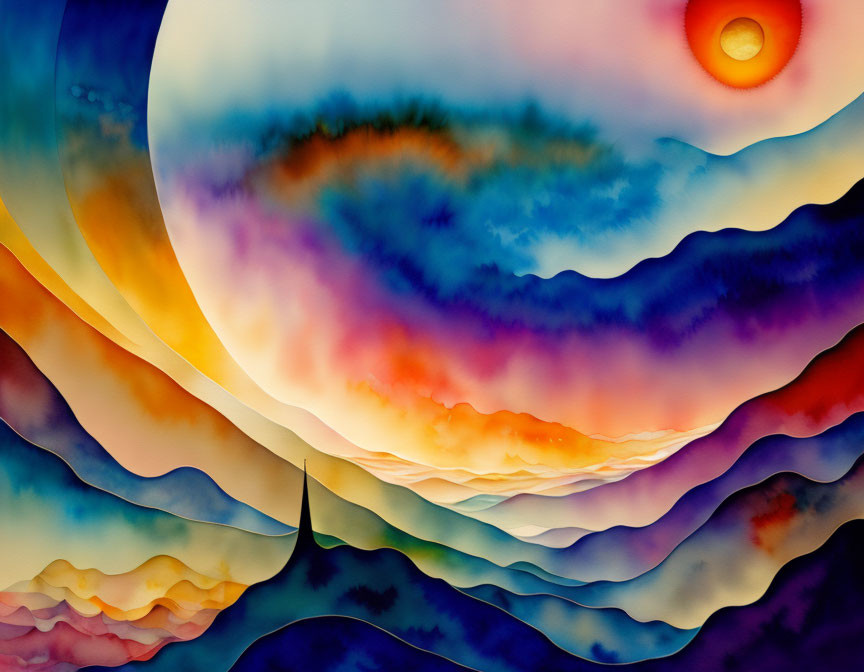 Colorful Abstract Landscape with Layered Patterns in Blue, Purple, Orange, and Yellow