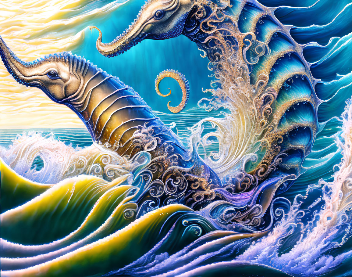 Surreal Artwork: Vibrant Elephants with Curved Trunks in Oceanic Setting