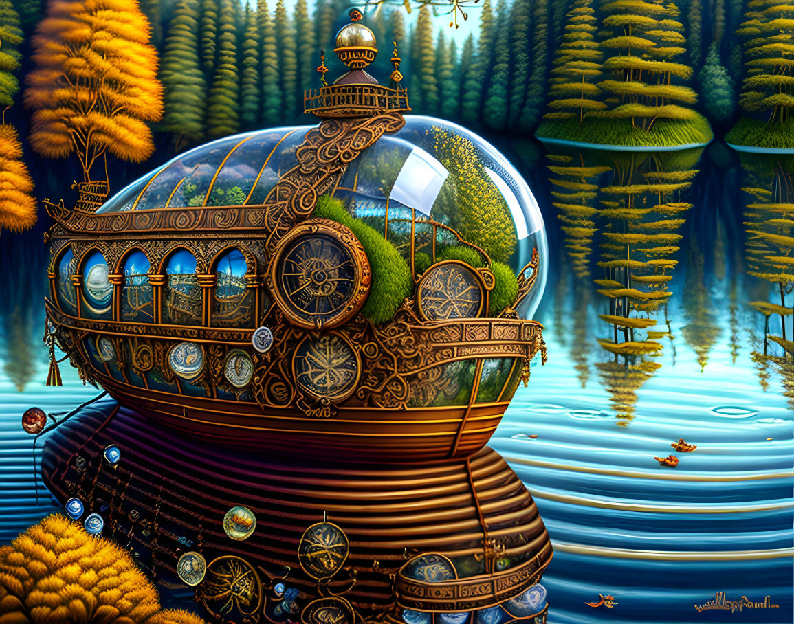 Intricate Steampunk-Style Submarine on Reflective Water Amid Golden Forests