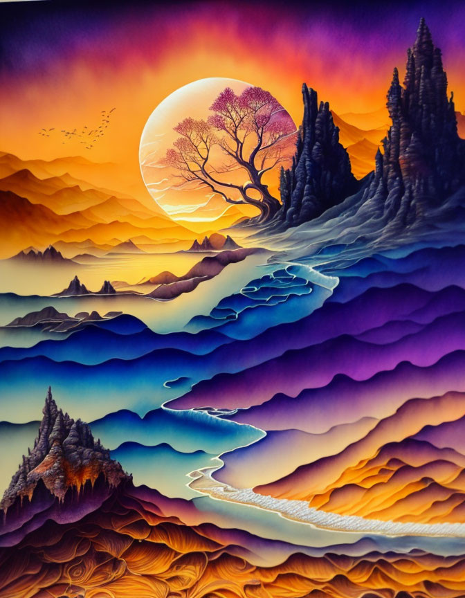 Colorful surreal landscape with layered mountains and setting sun.