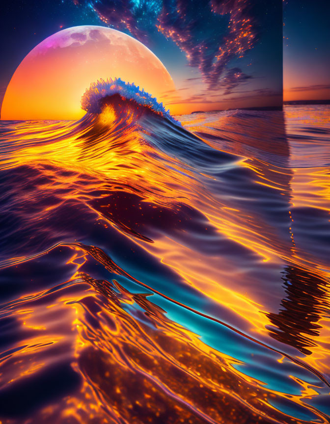 Ocean Wave Sunset Artwork with Fiery Colors and Moonlit Sky