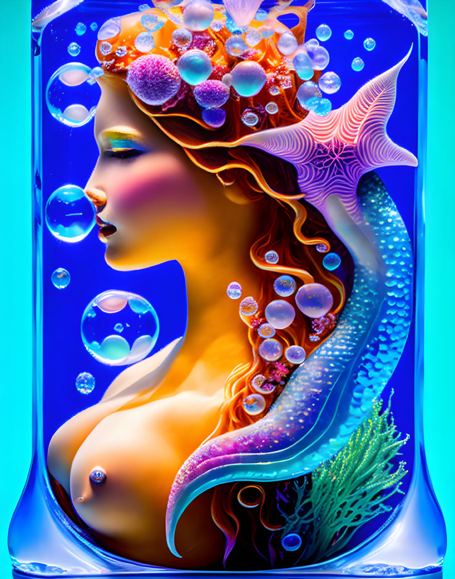 Colorful Mermaid Artwork with Starfish and Aquatic Theme in Bottle