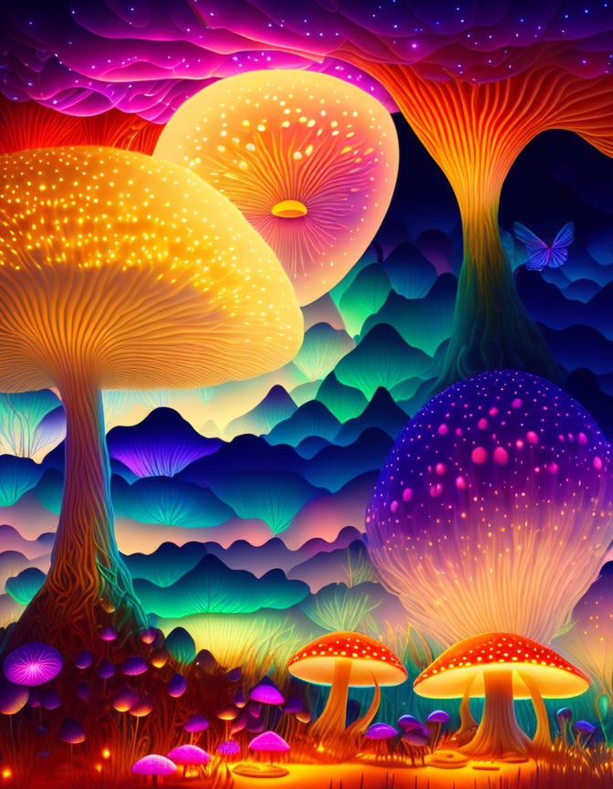 Fantasy illustration: Luminescent mushrooms, glowing butterfly, colorful trees & hills