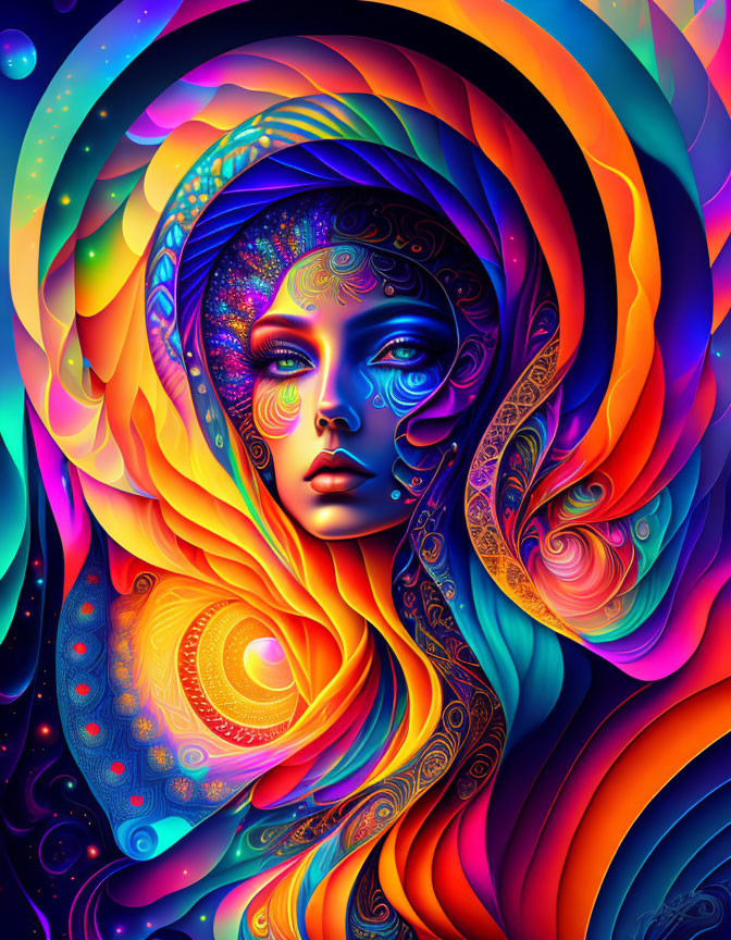 Colorful Psychedelic Artwork of Female Figure in Cosmic Background