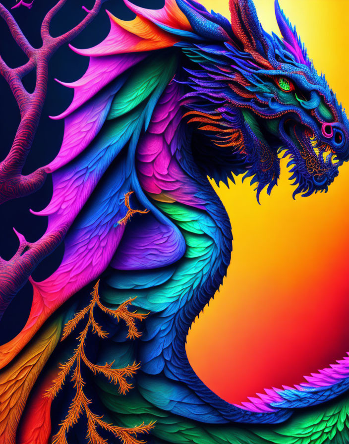 Colorful Dragon Artwork with Intricate Designs on Rainbow Background