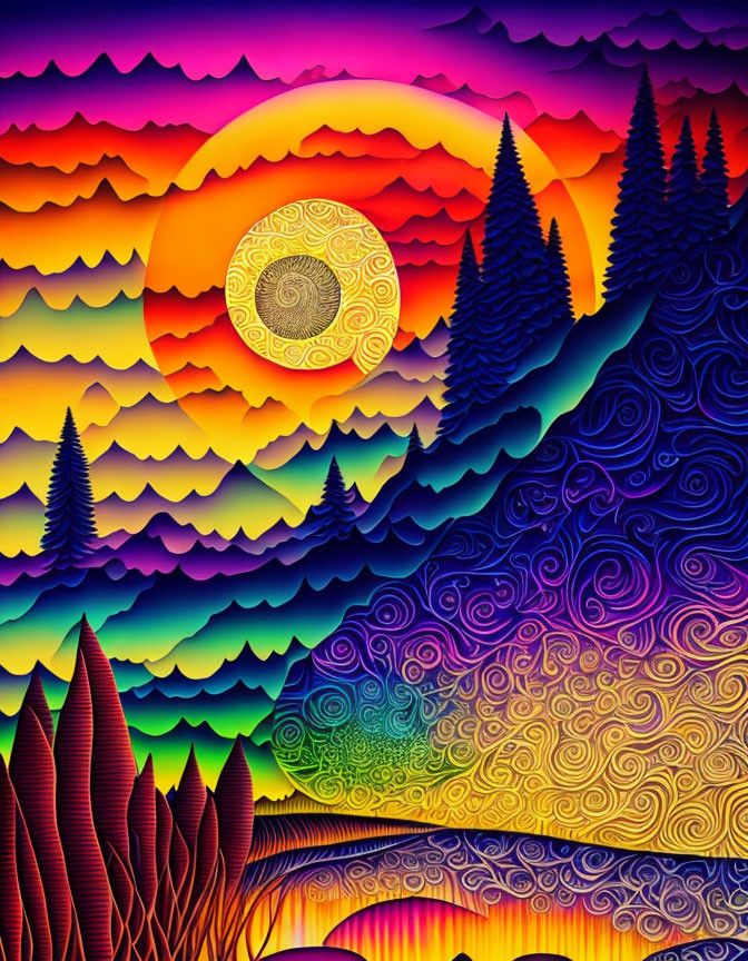 Colorful Psychedelic Landscape with Sun, Trees, and Swirling Sky