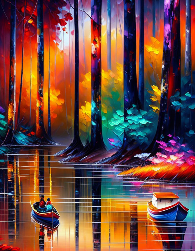 Colorful Digital Artwork: Forest Scene with Reflective Water and Boats