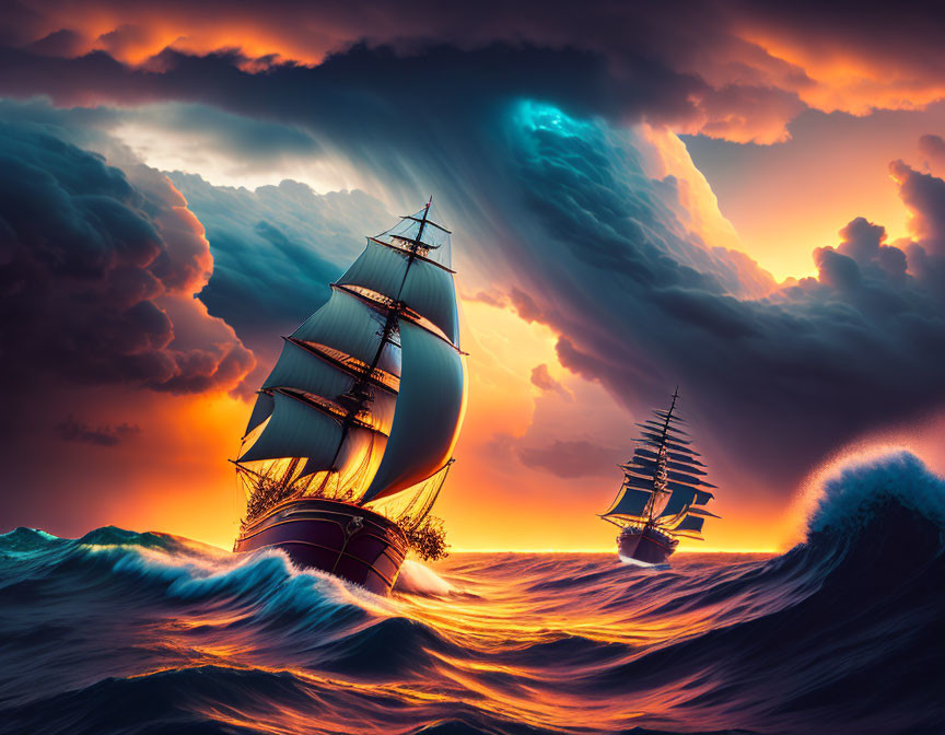 Dramatic seascape with sailing ships in stormy weather