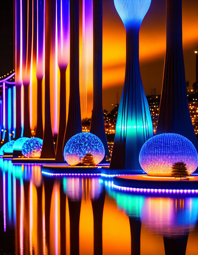 Vibrant Vertical Structures and Spherical Lights Reflected on Water