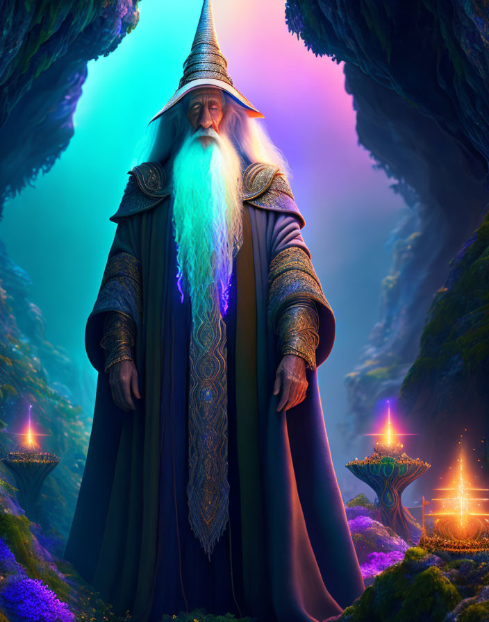 Wizard with Long White Beard in Mystical Cave with Glowing Magical Elements